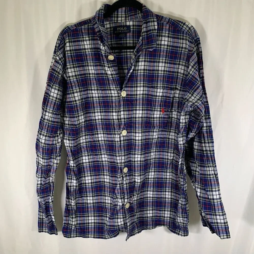 Polo Ralph Lauren Pajama Shirt Men's Medium Blue Plaid Button Up Long Sleeve